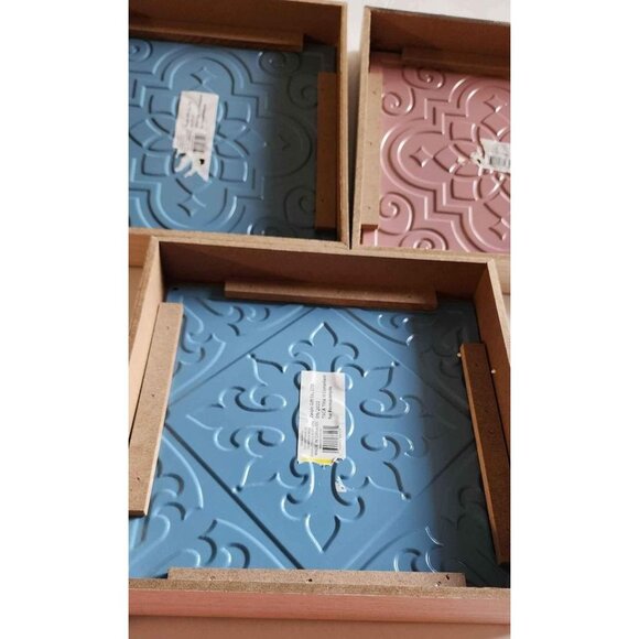 Decorative Wall Art Wooden Framed Blue & Pink Ceramic Tiles Set Of 3 - Picture 7 of 8